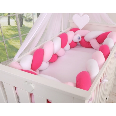 Gevlochten Extra Dikke Lange Bedbumper voor Ledikant XXL 3,6 m Roze Wit Gevlochten Extra Dikke Lange Bedbumper voor Ledikant XXL 3,6 m Roze Wit