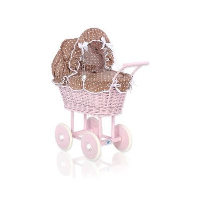 Rieten poppenwagen met kap Bruin Polkaprikker Stofroze Rieten poppenwagen met kap Bruin Polkaprikker Stofroze
