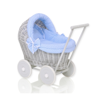 Rieten poppenwagen met stoffen kap Wit Grijs Blauw Polkaprikker Rieten poppenwagen met stoffen kap Wit Grijs Blauw Polkaprikker